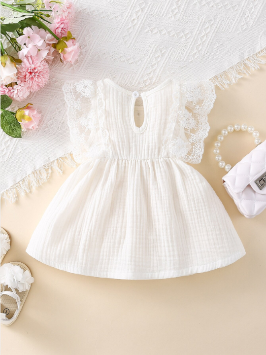 Baby Girl Contrast Lace Bow Front Ruffle Trim Button Detail Dress