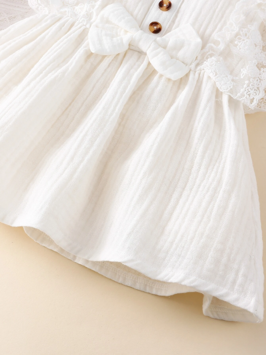 Baby Girl Contrast Lace Bow Front Ruffle Trim Button Detail Dress