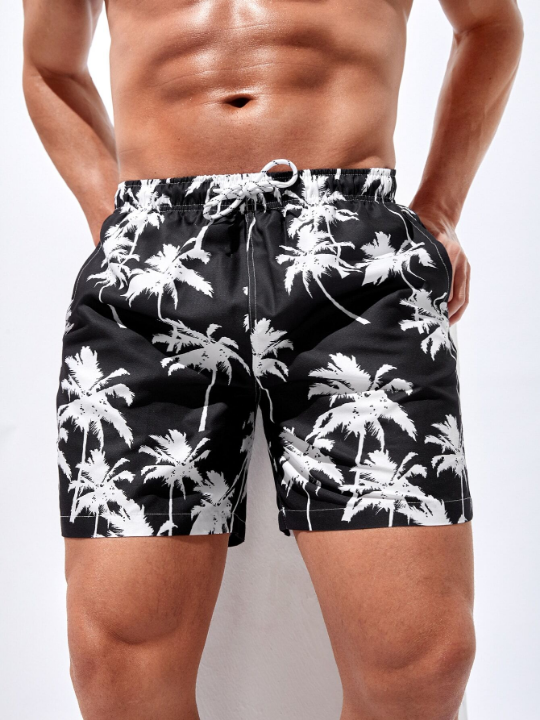 Manfinity Swimmode Men Tropical Print Drawstring Waist Swim Trunks