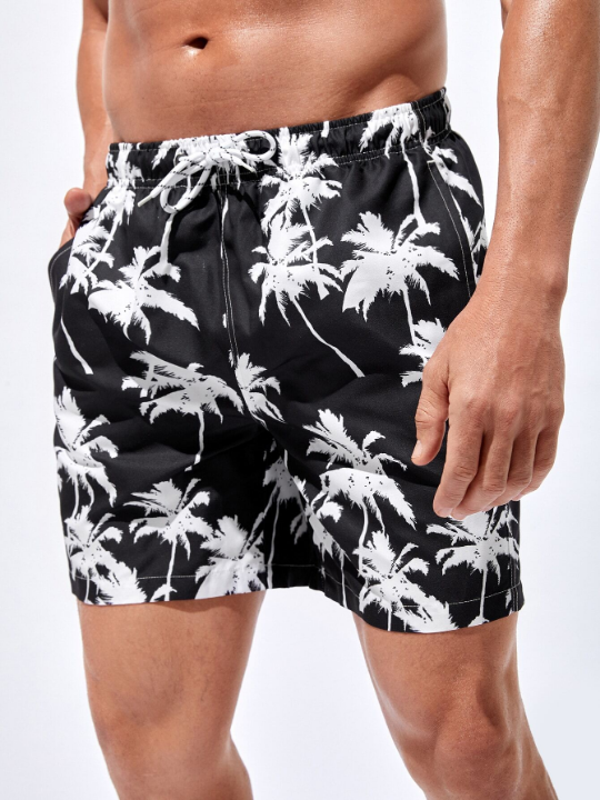 Manfinity Swimmode Men Tropical Print Drawstring Waist Swim Trunks