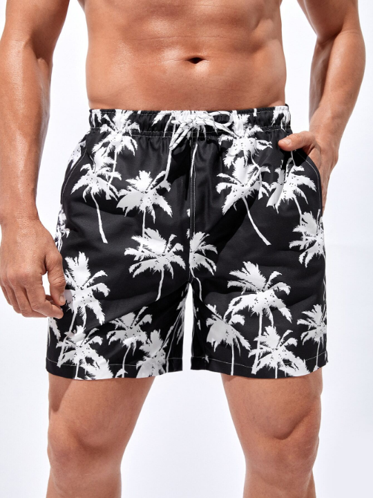 Manfinity Swimmode Men Tropical Print Drawstring Waist Swim Trunks