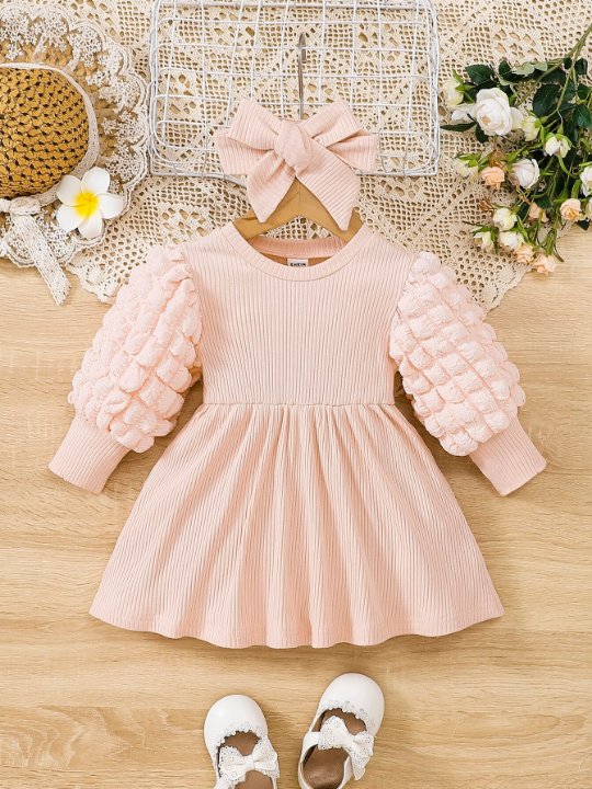 Baby Ribbed Knit Puff Sleeve Dress With Headband