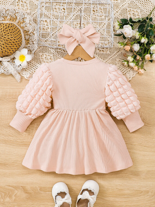 Baby Ribbed Knit Puff Sleeve Dress With Headband