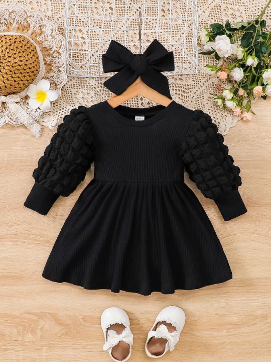 Baby Girl Solid Puff Sleeve Dress With Headband