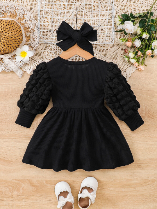 Baby Girl Solid Puff Sleeve Dress With Headband