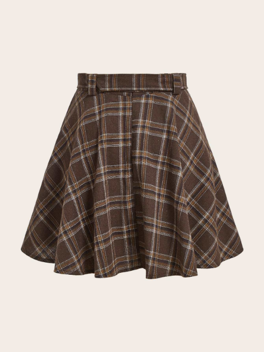 ROMWE Kawaii Plaid Print Belted Flare Skirt