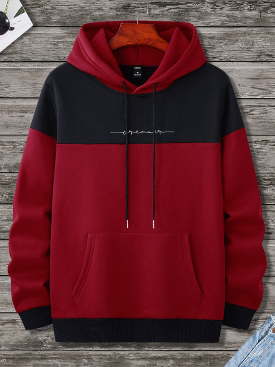 Manfinity Homme Men Two Tone Letter Graphic Kangaroo Pocket Drawstring Thermal Lined Hoodie