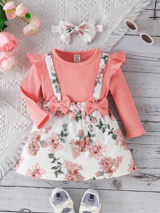 Baby Girl Floral Print Ruffle Trim Bow Front 2 In 1 Dress With Headband