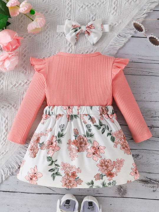 Baby Girl Floral Print Ruffle Trim Bow Front 2 In 1 Dress With Headband