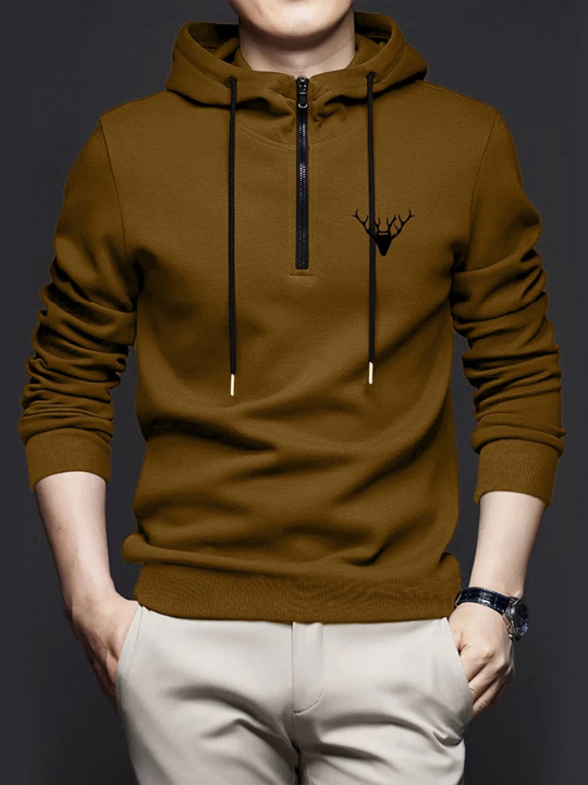Manfinity Homme Men Deer Embroidery Quarter Zipper Drawstring Hoodie
