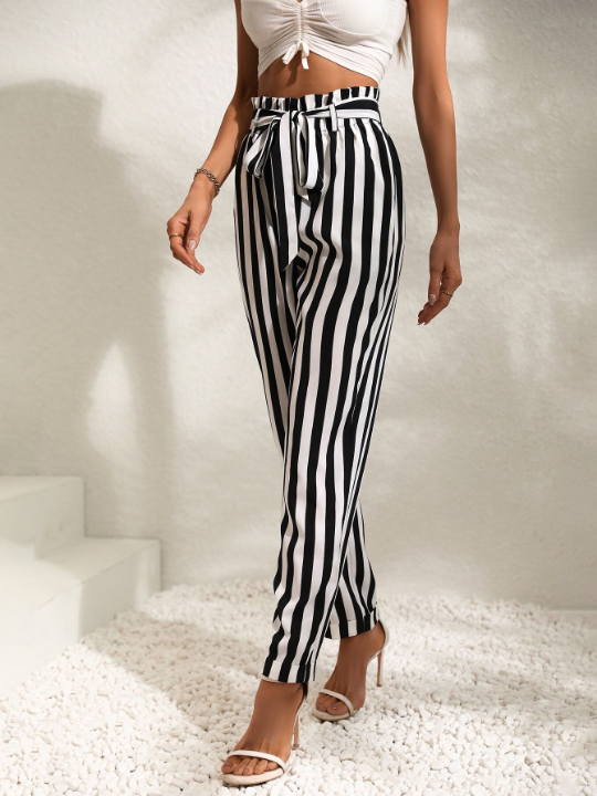 VCAY Striped Print Paperbag Waist Belted Pants