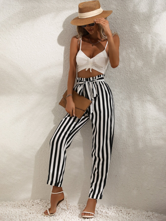 VCAY Striped Print Paperbag Waist Belted Pants