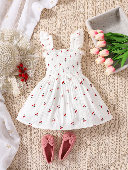 Baby Girl Cherry Print Ruffle Trim Dress