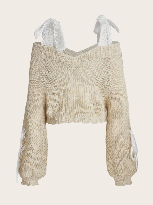 ROMWE Kawaii Cable Knit Lace Up Cold Shoulder Sweater