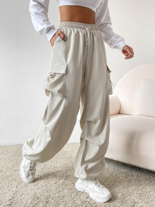 EZwear Cream-Colored Drawstring Waist Flap Pocket Cargo Pants