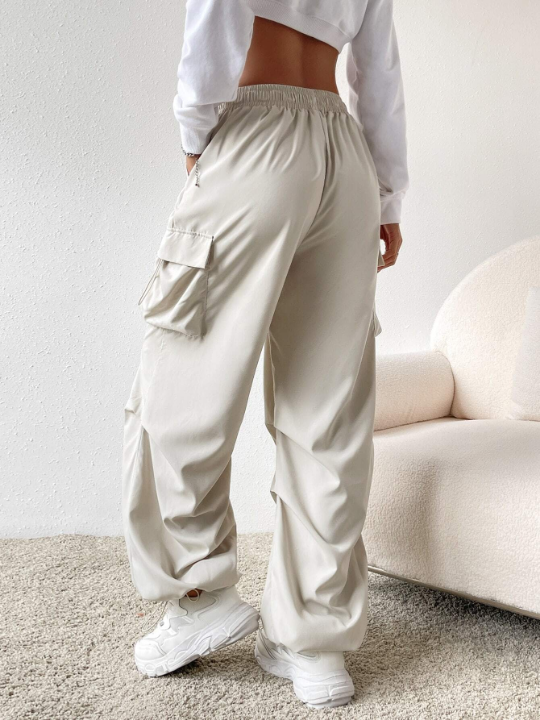 EZwear Cream-Colored Drawstring Waist Flap Pocket Cargo Pants