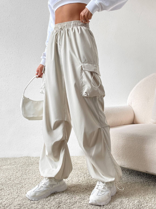 EZwear Cream-Colored Drawstring Waist Flap Pocket Cargo Pants