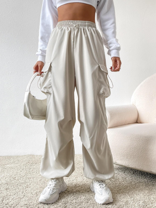 EZwear Cream-Colored Drawstring Waist Flap Pocket Cargo Pants