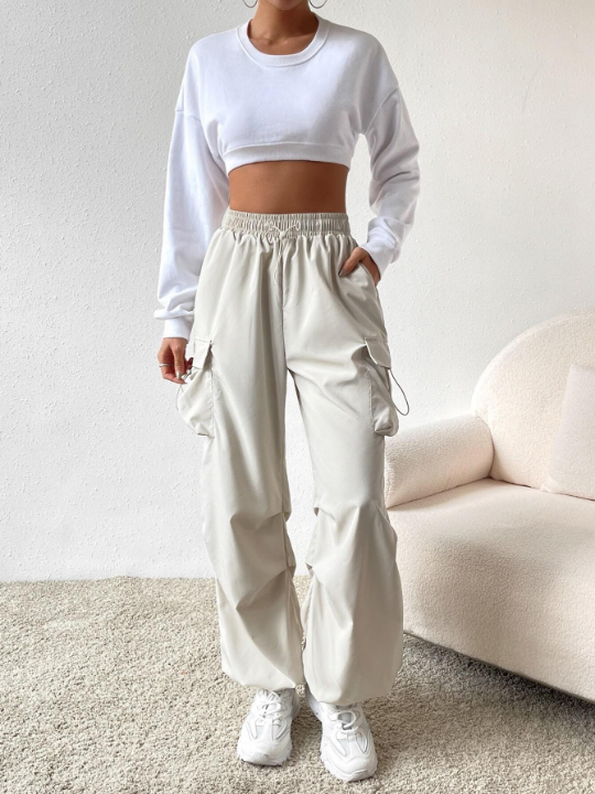 EZwear Cream-Colored Drawstring Waist Flap Pocket Cargo Pants