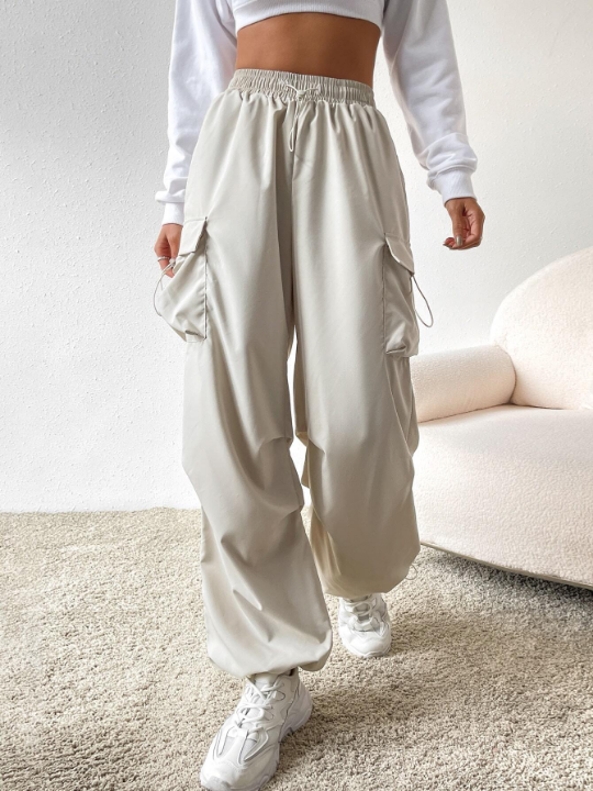 EZwear Cream-Colored Drawstring Waist Flap Pocket Cargo Pants