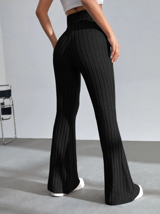 EZwear Solid Ribbed Knit Flare Leg Pants