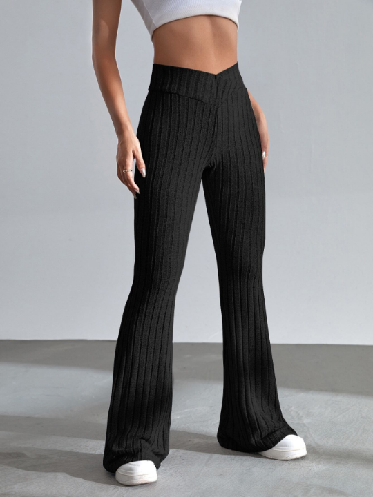 EZwear Solid Ribbed Knit Flare Leg Pants