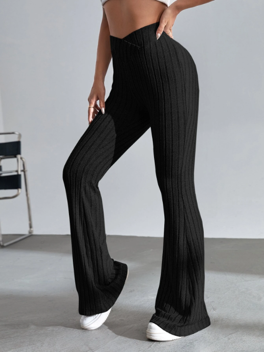 EZwear Solid Ribbed Knit Flare Leg Pants