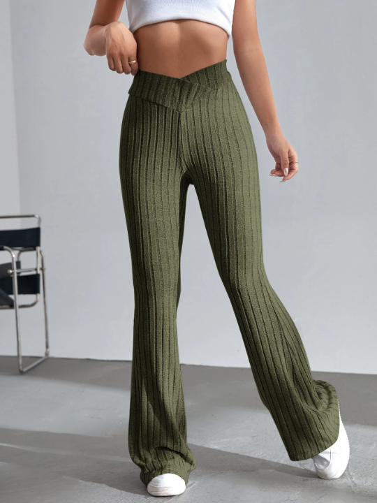 EZwear Solid Ribbed Knit Flare Leg Pants