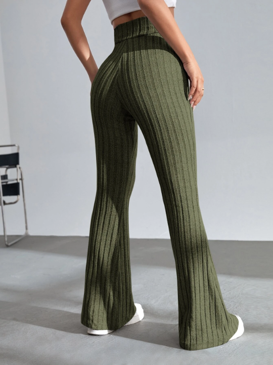 EZwear Solid Ribbed Knit Flare Leg Pants