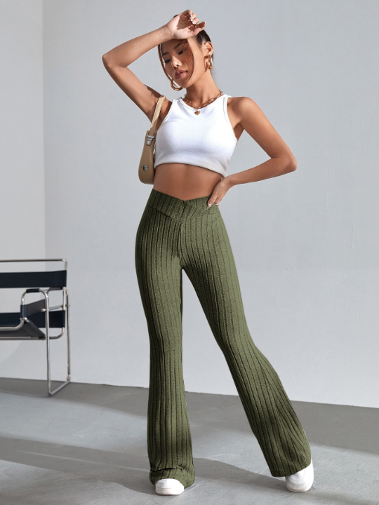 EZwear Solid Ribbed Knit Flare Leg Pants