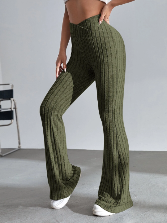 EZwear Solid Ribbed Knit Flare Leg Pants