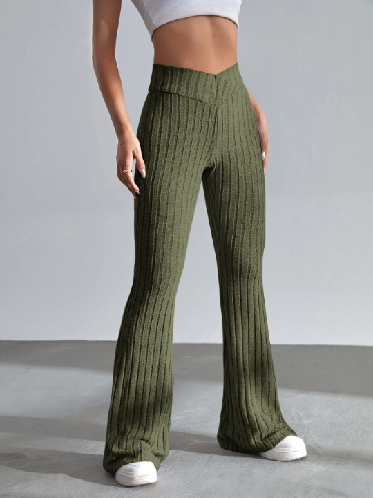 EZwear Solid Ribbed Knit Flare Leg Pants