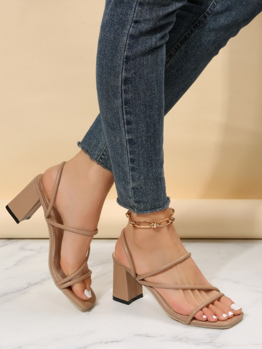 Thin Strap Chunky Heeled Mule Sandals, Apricot Elegant Monochrome Open-toe Mules