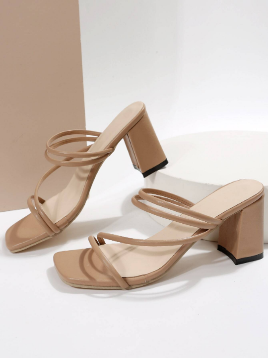 Thin Strap Chunky Heeled Mule Sandals, Apricot Elegant Monochrome Open-toe Mules