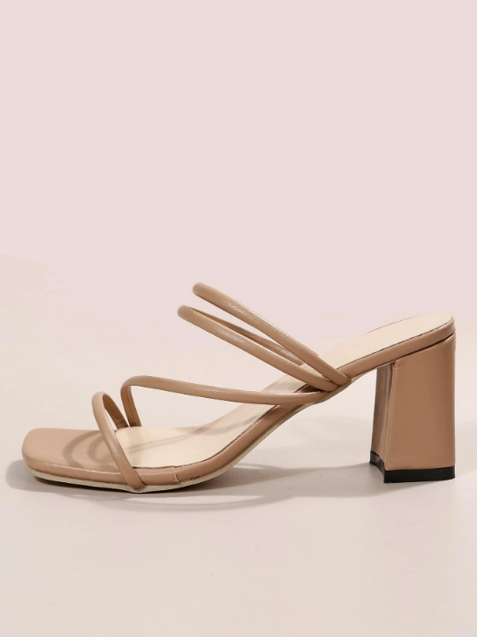 Thin Strap Chunky Heeled Mule Sandals, Apricot Elegant Monochrome Open-toe Mules