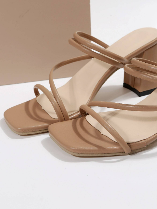 Thin Strap Chunky Heeled Mule Sandals, Apricot Elegant Monochrome Open-toe Mules