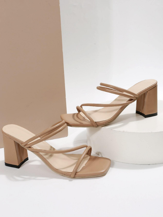 Thin Strap Chunky Heeled Mule Sandals, Apricot Elegant Monochrome Open-toe Mules