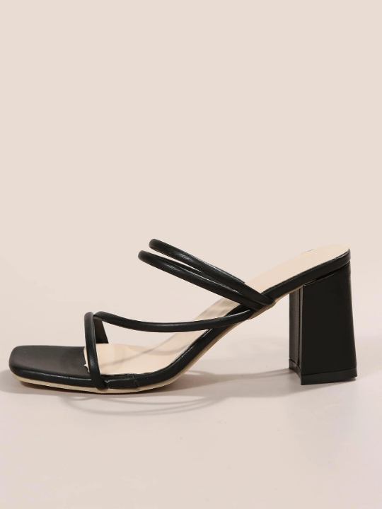 Thin Strap Chunky Heeled Mule Sandals, Black Elegant Solid Color Mules With High Heels