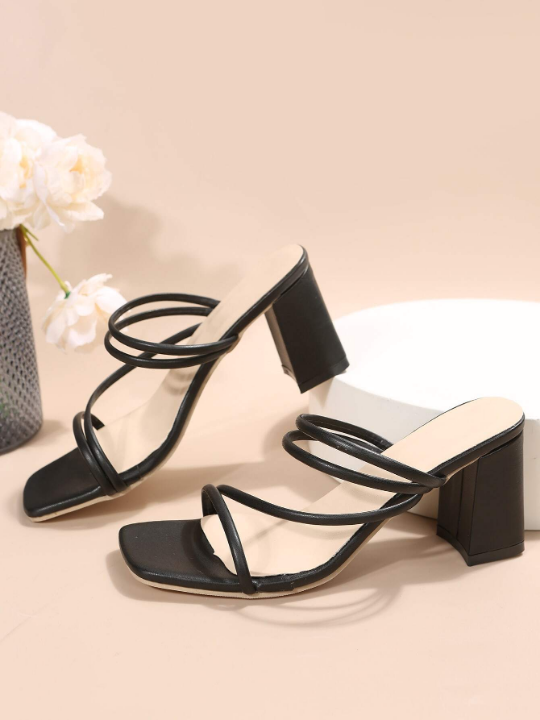 Thin Strap Chunky Heeled Mule Sandals, Black Elegant Solid Color Mules With High Heels