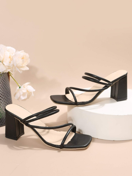 Thin Strap Chunky Heeled Mule Sandals, Black Elegant Solid Color Mules With High Heels