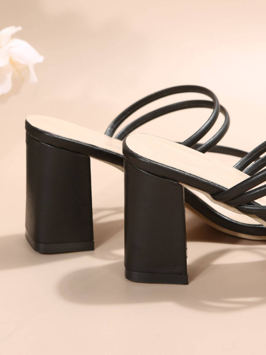 Thin Strap Chunky Heeled Mule Sandals, Black Elegant Solid Color Mules With High Heels