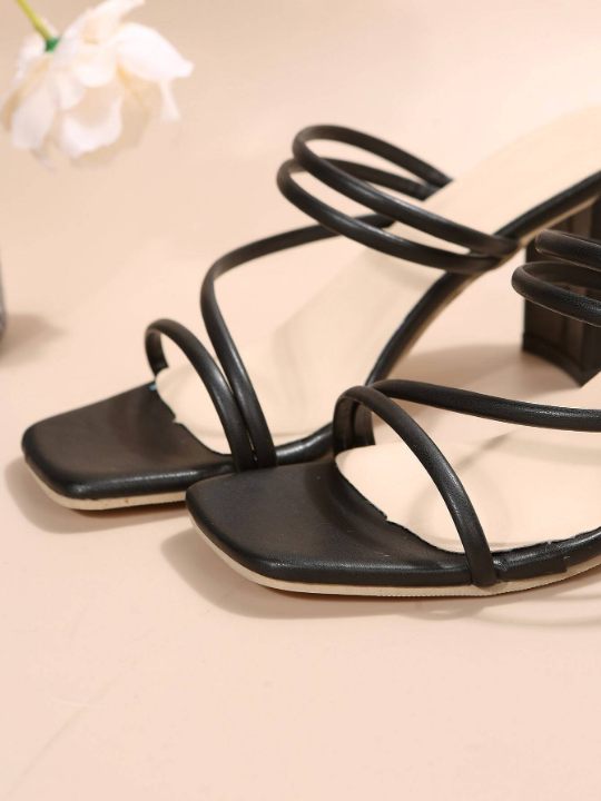 Thin Strap Chunky Heeled Mule Sandals, Black Elegant Solid Color Mules With High Heels