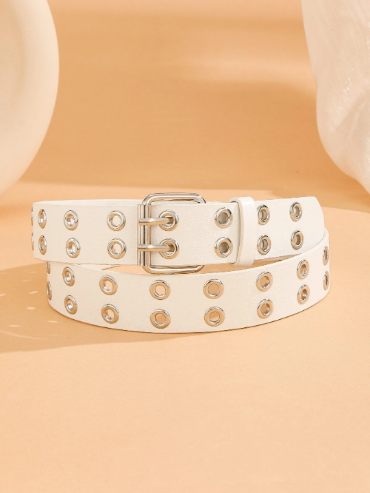 1pc Trendy Unisex White Double Row-Perforated Belt With Buckle, Suitable For Carnival, Valentine's Day, St. Patrick's Day, And Various Festivals Or Party, As A Gift Or For Daily Use