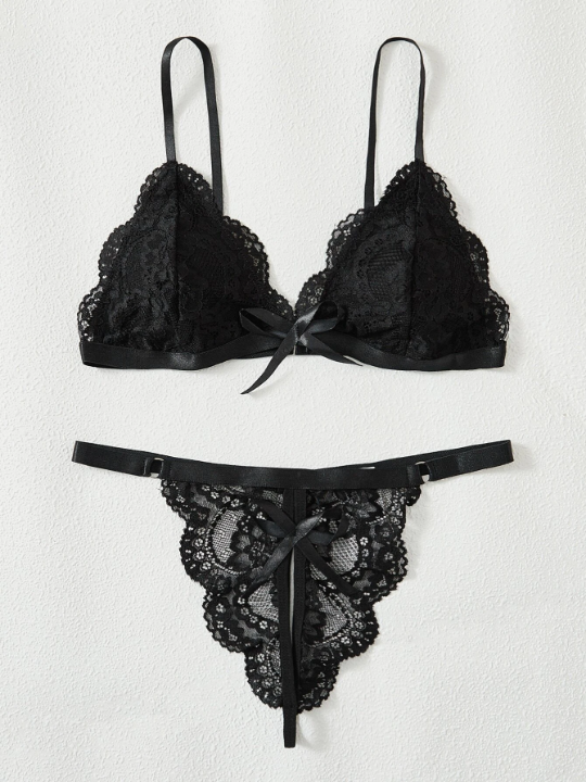 Classic Sexy Lace Scallop Trim Bow Front Lingerie Set