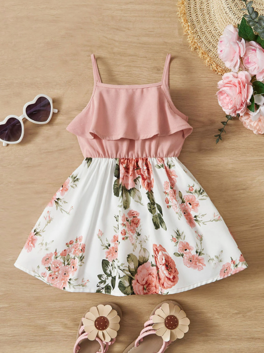 Baby Girl Floral Print Ruffle Trim Cami Dress