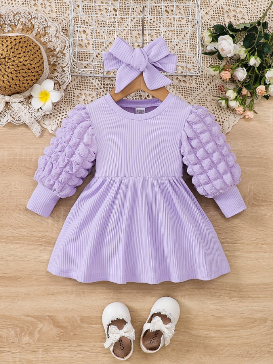 Baby Girl Ribbed Knit Puff Sleeve Dress With Accessory Headband