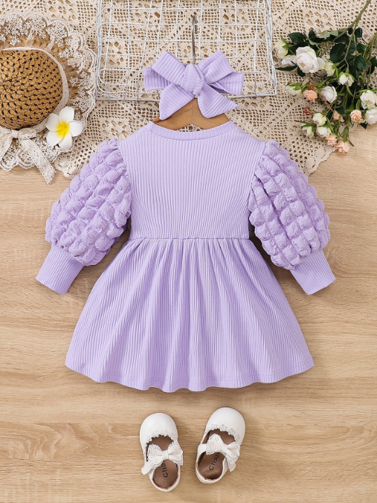 Baby Girl Ribbed Knit Puff Sleeve Dress With Accessory Headband