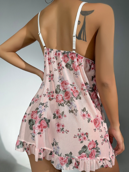 Floral Print Contrast Lace Bow Front Cami Night Dress