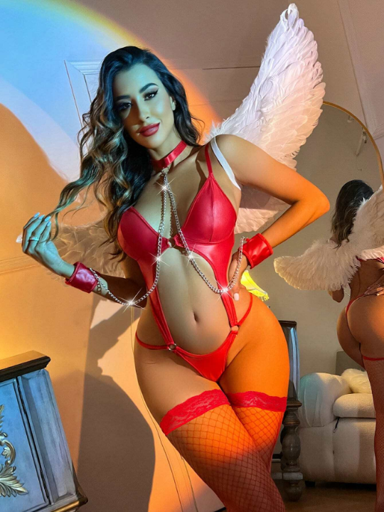 Patent Chain Linked Teddy Bodysuit With Choker & Stockings