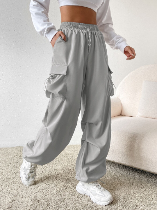 EZwear Drawstring Waist Flap Pocket Parachute Pants